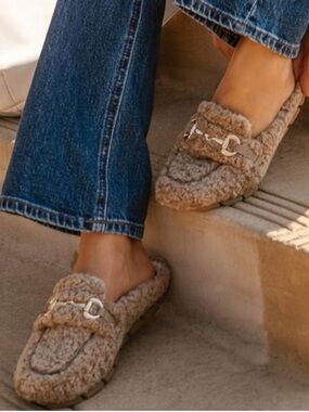LAST CALL Women's Taupe Fuzzy Loafers with Gold Detail